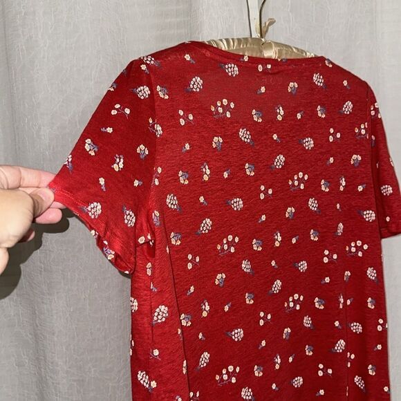 LOFT M Red Floral Linen Short Puff Sleeve Crew Tee Relaxed Fit - Picture 7 of 10